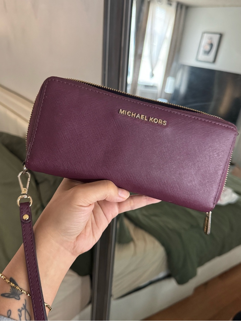 Michael Kors Plum Saffiano Zip Wristlet Wallet with Gold Hardware